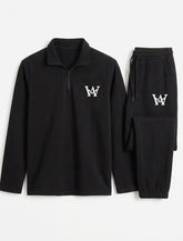 2 Pcs Men's Premium Tracksuit - Stylish Half Zip Shirt & Trouser Set | Black Athletic Gym & Casual Wear