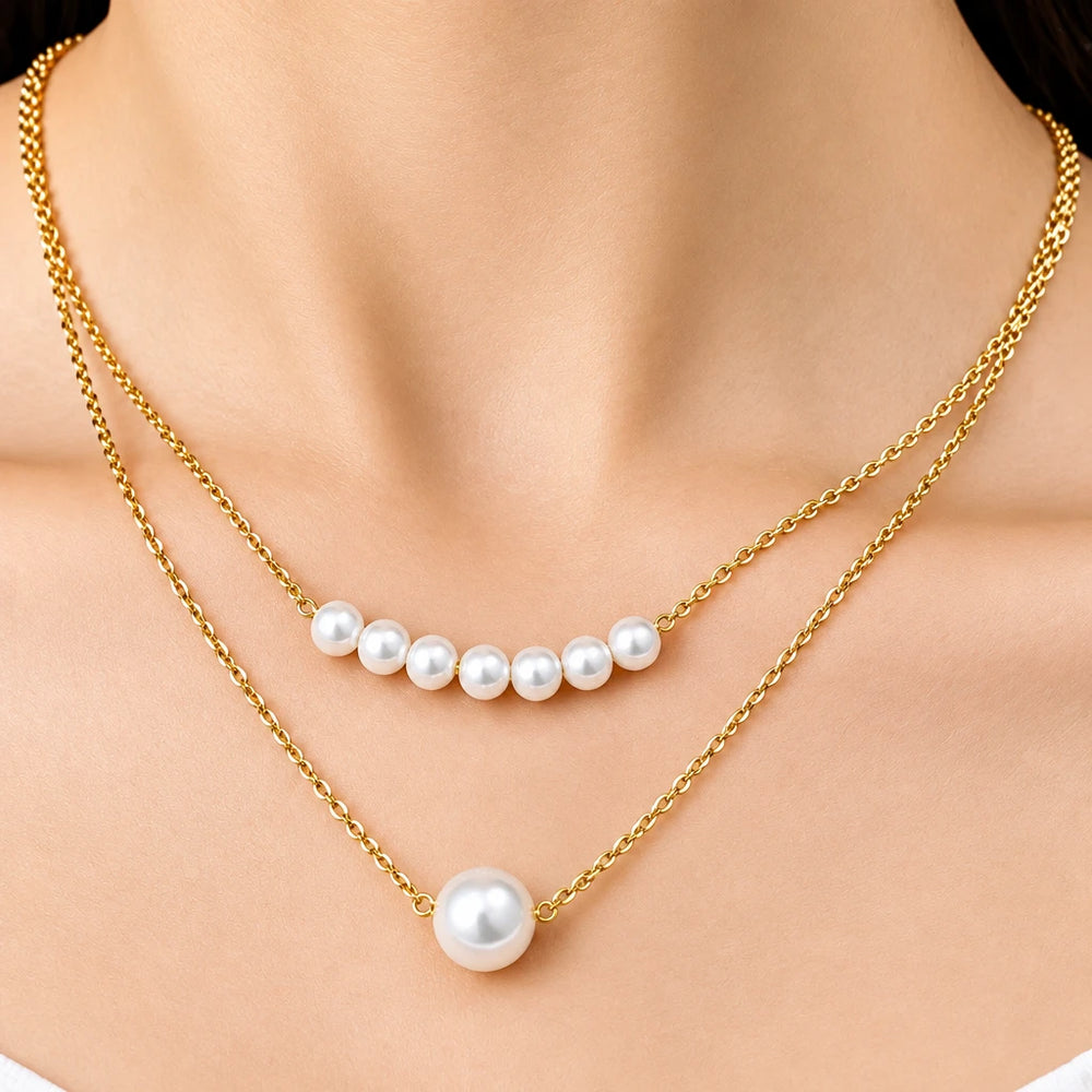 2 Layered Gold Plated Pearl Necklace for Women