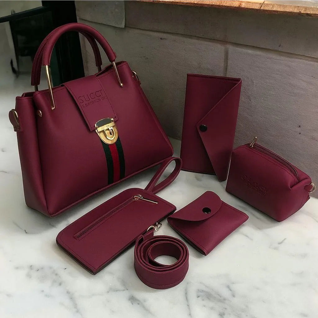 Maroon 5-Piece Rexine Handbag Set for Girls
