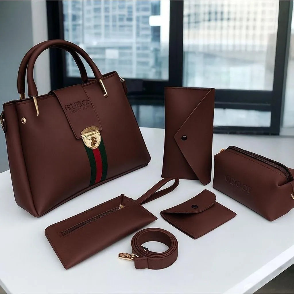 Maroon 5-Piece Rexine Handbag Set for Girls