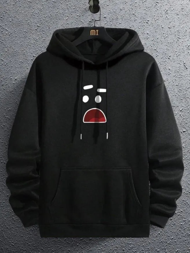 Men Black Printed Hoodie with Front Pocket