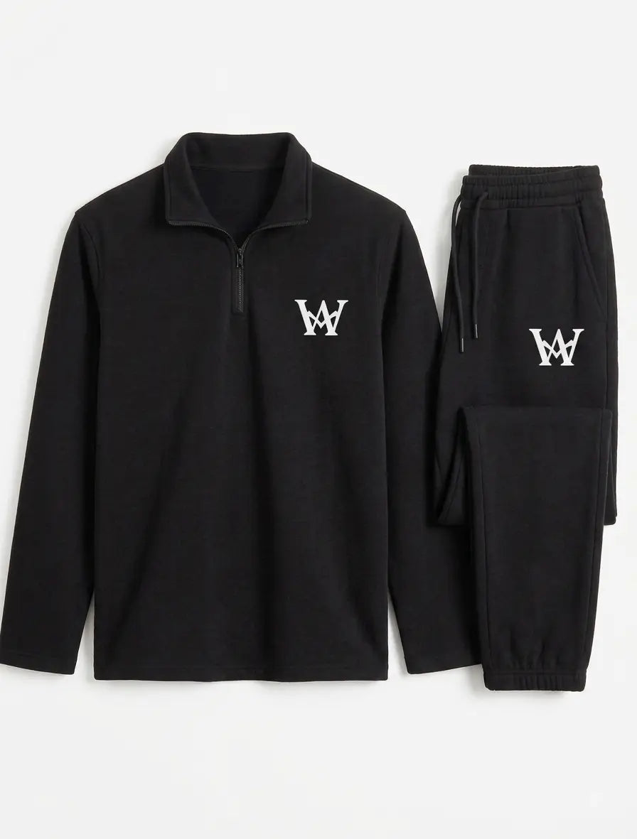 2 Pcs Men's Premium Tracksuit - Stylish Half Zip Shirt & Trouser Set | Black Athletic Gym & Casual Wear