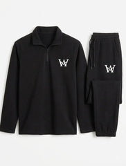 2 Pcs Men's Premium Tracksuit - Stylish Half Zip Shirt & Trouser Set | Black Athletic Gym & Casual Wear