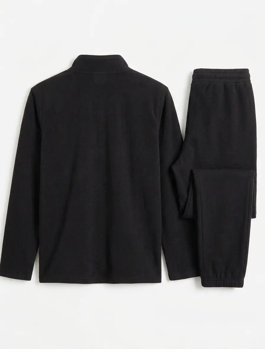 2 Pcs Men's Premium Tracksuit - Stylish Half Zip Shirt & Trouser Set | Black Athletic Gym & Casual Wear